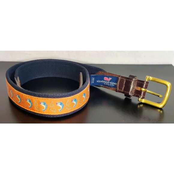 Vineyard Vines Orange Fish Canvas and Leather Tipped Men's belt Size 36 - Picture 10 of 16